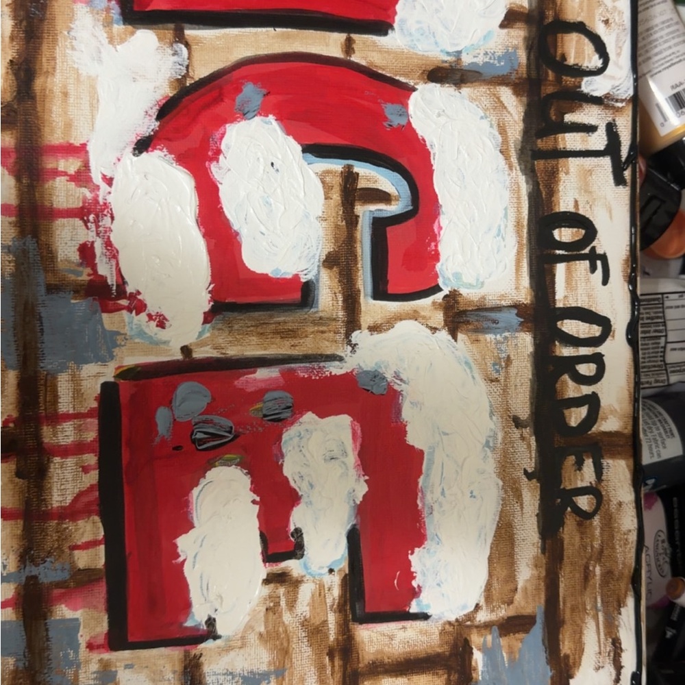 Abstract Red and White Art Canvas “out of order” “ice” original artwork from SJO